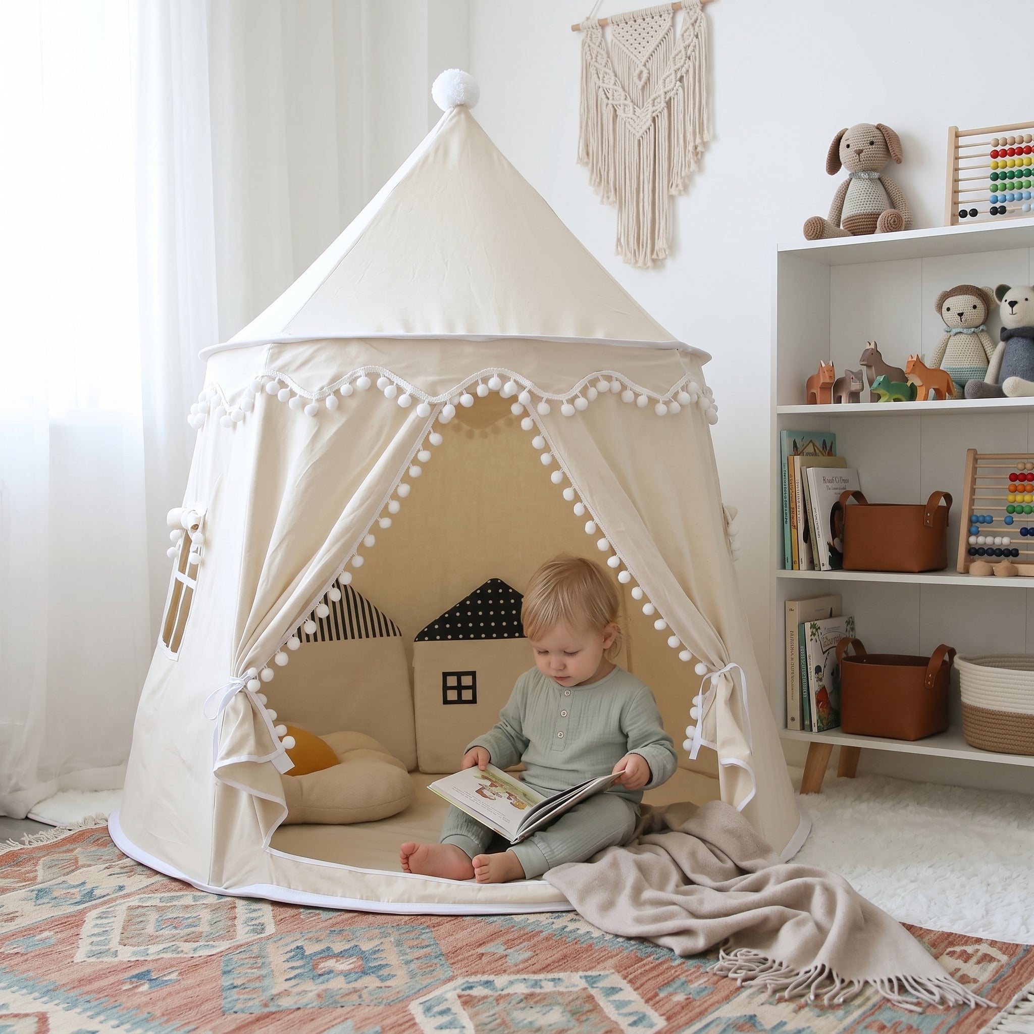 Children's canvas play teepee featuring solid pine poles, designed in a neutral style suitable for both indoor and outdoor play. 0